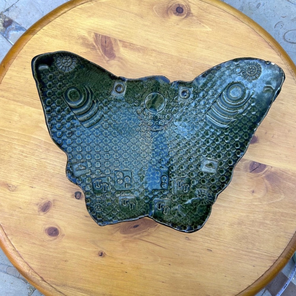 Vintage Ceramic Butterfly Catchall Tray Green Moth 2002 Studio Pottery Fairy Emo